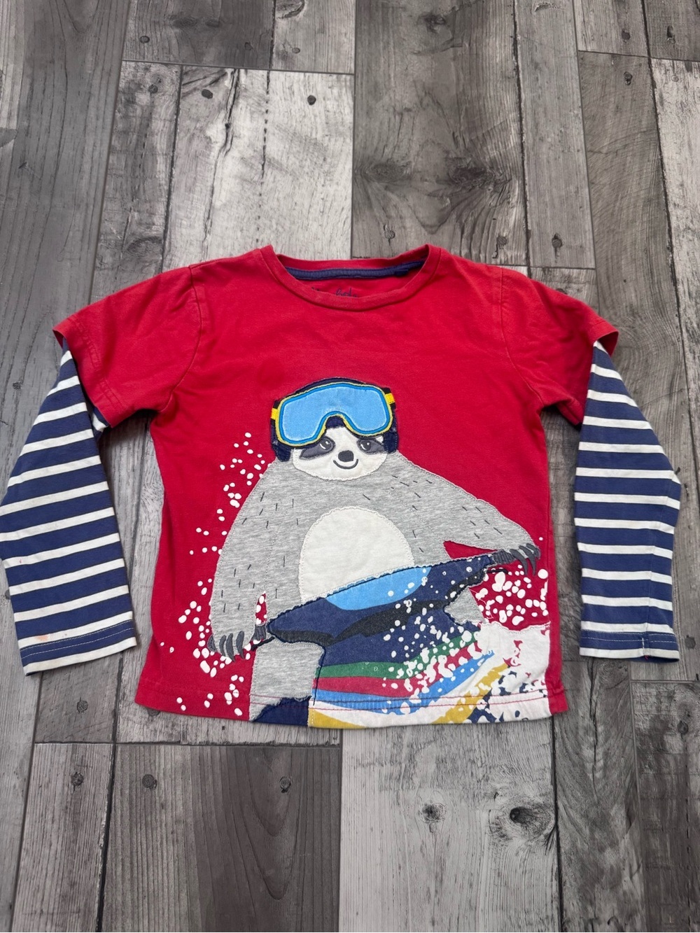 Mini Boden Red Sloth Applique T-shirt Tee Long Sleeve 4-5 Years